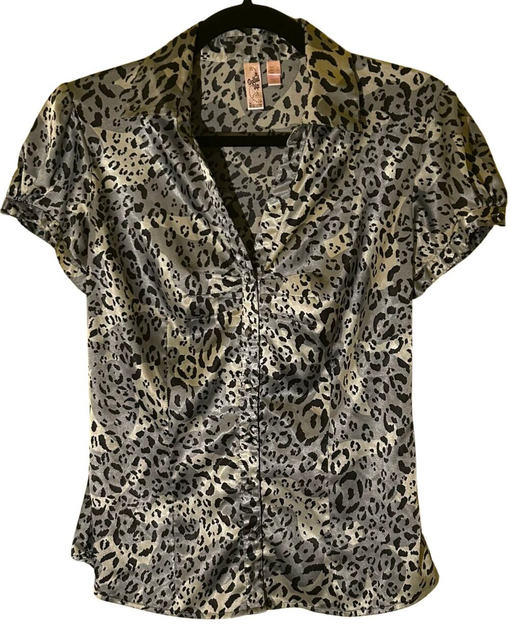 VTG FANG Cheetah Animal Print Satin Blouse Puff Sleeve Mob Wife Office Siren M